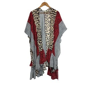 UMGEE Black Red Long Kimono Cardigan Ruffle Duster Leopard and Polka Dot M/L